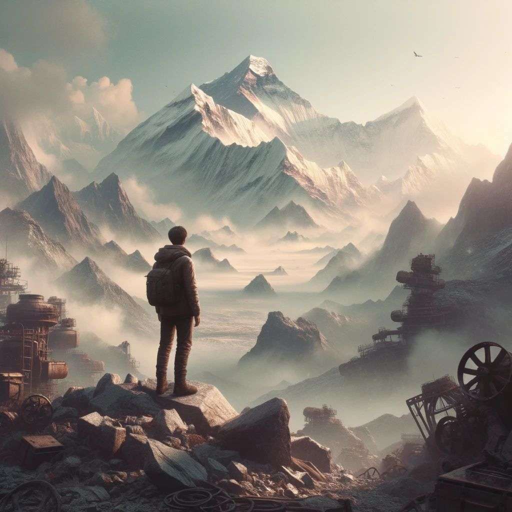 someone gazing at Mount Everest, digital art, dystopia